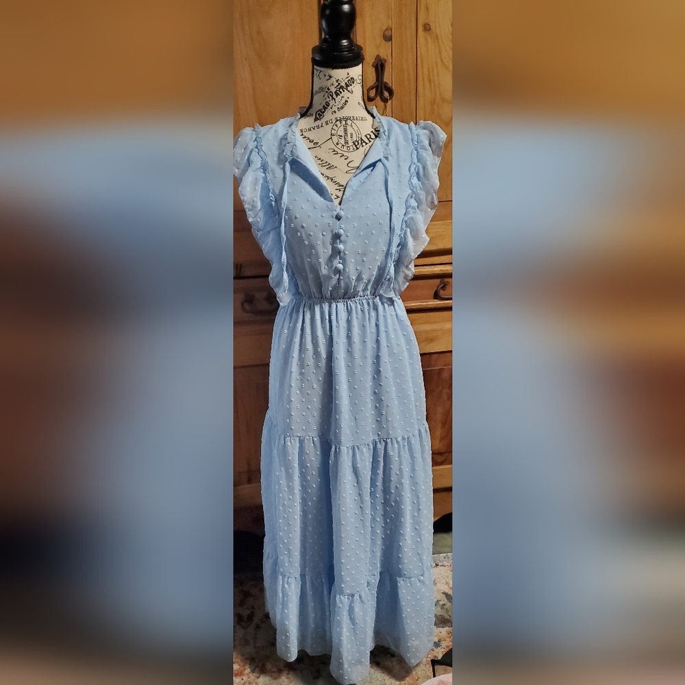Simplee ruffle hem swiss dot baby blue dress. Size medium